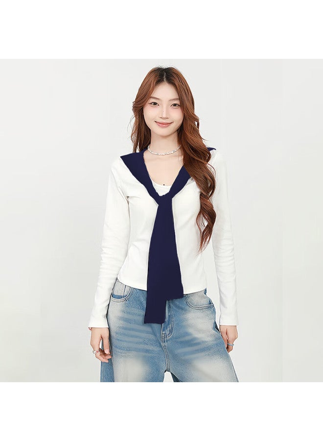Don't speak Bieyu Navy-style Cardigan Long-sleeve T-shirt For Women, Autumn Design Top, Preppy Style V-neck Short Base Layer, White, M - Image 2