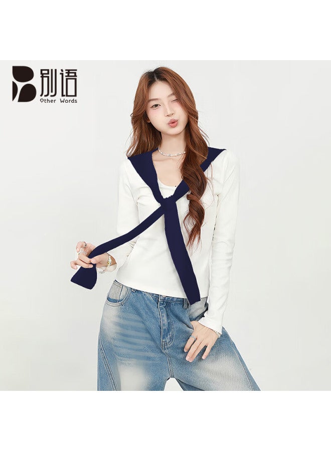 Don't speak Bieyu Navy-style Cardigan Long-sleeve T-shirt For Women, Autumn Design Top, Preppy Style V-neck Short Base Layer, White, M - Image 1