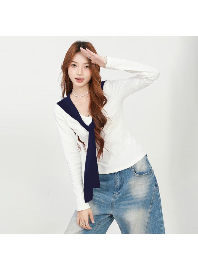 Don't speak Bieyu Navy-style Cardigan Long-sleeve T-shirt For Women, Autumn Design Top, Preppy Style V-neck Short Base Layer, White, M - Image 3