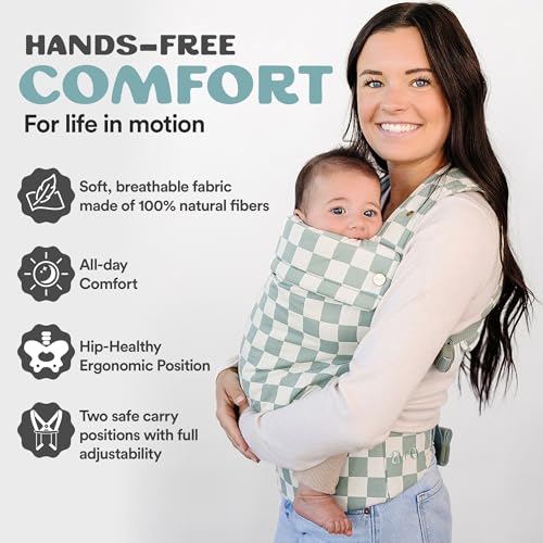 AVA + OLIVER Ava & Oliver Essential Baby Carrier – Ergonomic, Hip-Healthy Soft Structured Carrier for Infants & Toddlers (7–35lbs) - Front and Back Carry, Breathable Fabric, Stylish & Lightweight (Olive Checker) - Image 2