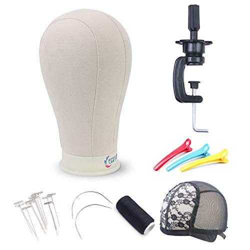 EERYA 2124 Inch Canvas Block Head Set for Wig Display Making Hair Weave and Styling Mannequin Head with Mount Hole C Stand Styling Hair Clips T Needle C Needles Thread Lace Wig Caps 22 Inch
