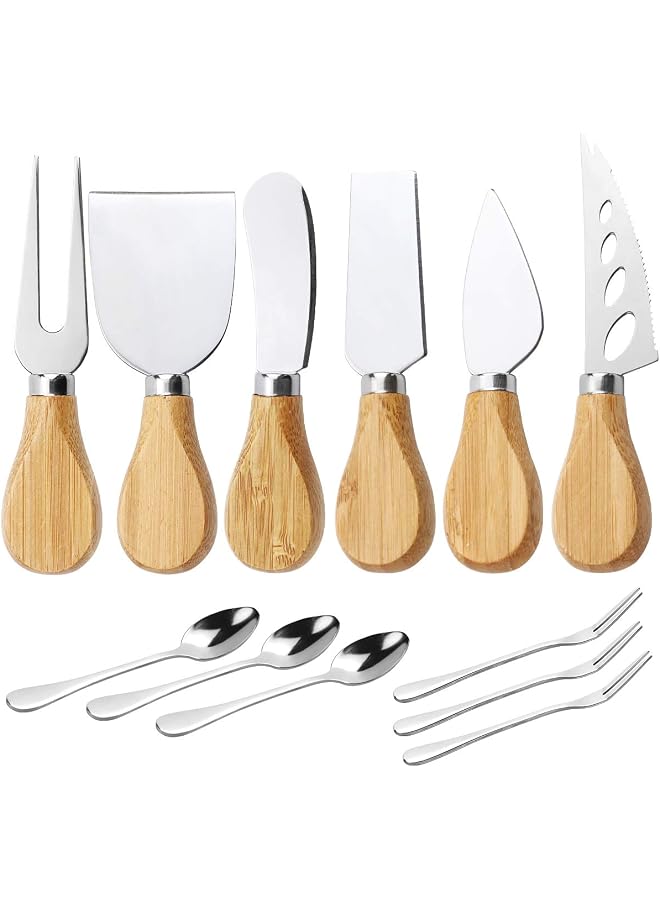 S-TOP 12 PCS Charcuterie Knife Set Cheese Knives Set,6 PCS Stainless Steel Cheese Slicer Cutter Knives with bamboo handle,6 PCS Stainless Steel Forks and Spoons for Home Kitchen Serving - Image 1
