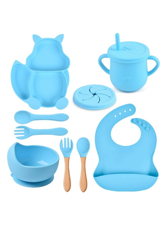 8 Pcs Baby Feeding Set, Food-grade Silicone Baby Tableware Set, Squirrel Baby Cutlery and Plates Set, Non-Slip Infant Dinnerware Set, Baby Self Feeding Utensils