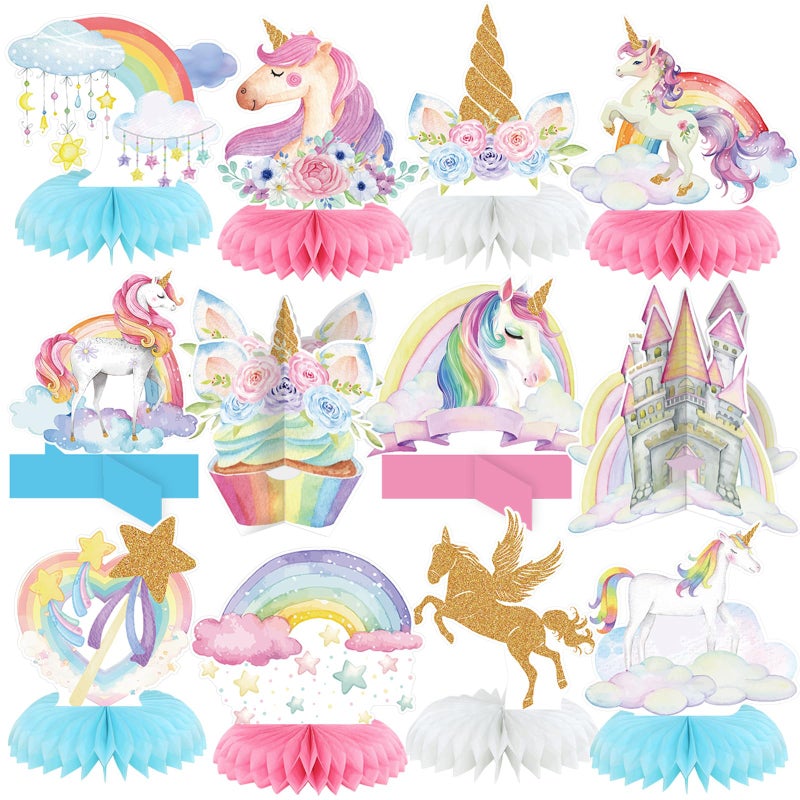 Pickmesh 12 Pcs Unicorn Birthday Party Decorations Unicorn Honeycomb Centerpieces 3D Pastel Double Sided Rainbow Cloud Cupcake Castle Table Decoration Table Topper for Princess Birthday Party Supplies - Image 3