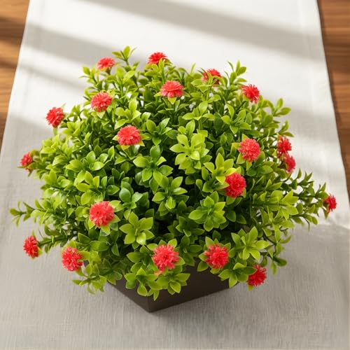 fancymart Artificial Flower Leaves in Wood Hexagon Pot - Red - 14cm Height - Home & Office Decor Elegant Potted Plant for Tabletop Enhancement - Image 4
