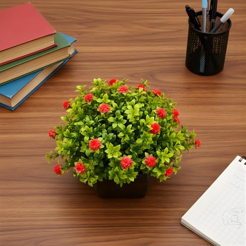 fancymart Artificial Flower Leaves in Wood Hexagon Pot - Red - 14cm Height - Home & Office Decor Elegant Potted Plant for Tabletop Enhancement - Image 5