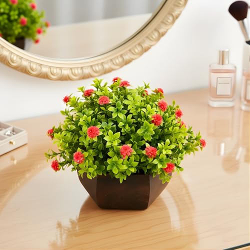 fancymart Artificial Flower Leaves in Wood Hexagon Pot - Red - 14cm Height - Home & Office Decor Elegant Potted Plant for Tabletop Enhancement - Image 1
