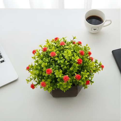 fancymart Artificial Flower Leaves in Wood Hexagon Pot - Red - 14cm Height - Home & Office Decor Elegant Potted Plant for Tabletop Enhancement - Image 2