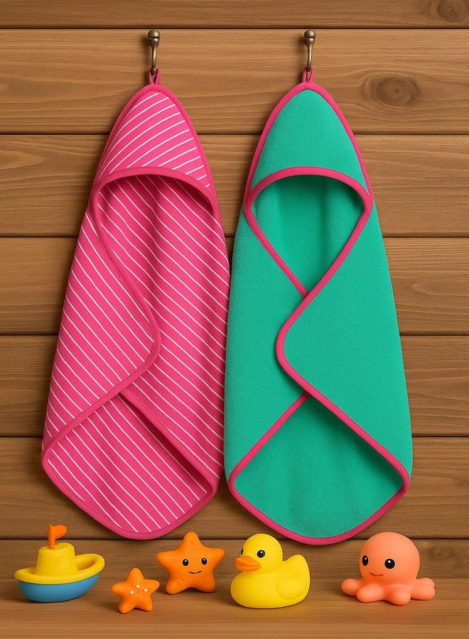 TuddyBuddy 100% Cotton Hooded Terry Towel for Babies/Super Soft Bath Towel for 0 Months - 2 Years Baby - Ideal for Newborn Babies - (Pack of 2 - Green & Pink Stripes) - Image 1