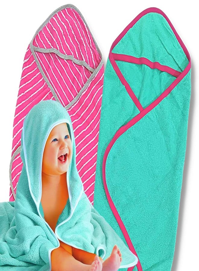 TuddyBuddy 100% Cotton Hooded Terry Towel for Babies/Super Soft Bath Towel for 0 Months - 2 Years Baby - Ideal for Newborn Babies - (Pack of 2 - Green & Pink Stripes) - Image 2