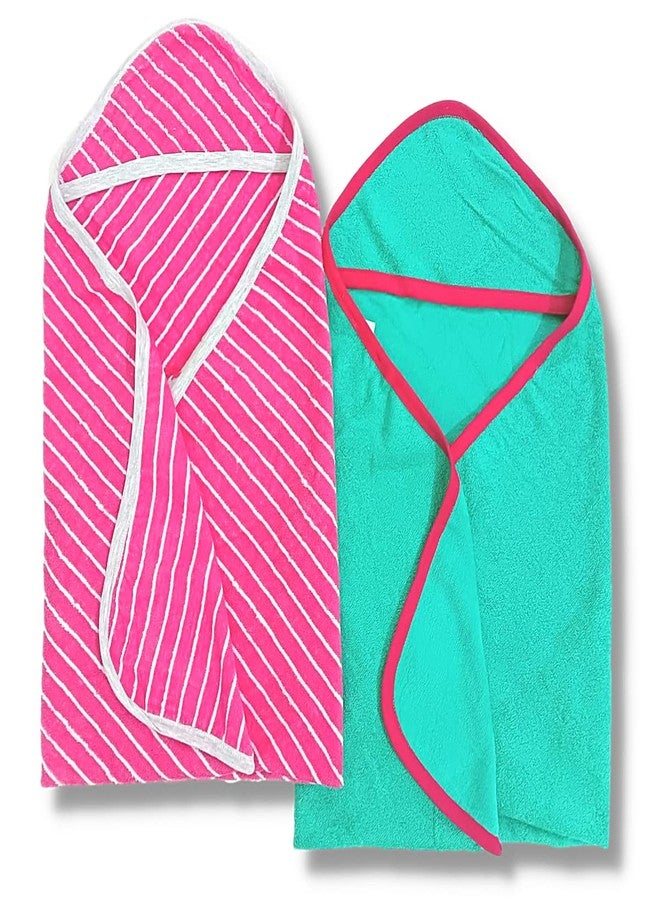 TuddyBuddy 100% Cotton Hooded Terry Towel for Babies/Super Soft Bath Towel for 0 Months - 2 Years Baby - Ideal for Newborn Babies - (Pack of 2 - Green & Pink Stripes) - Image 4