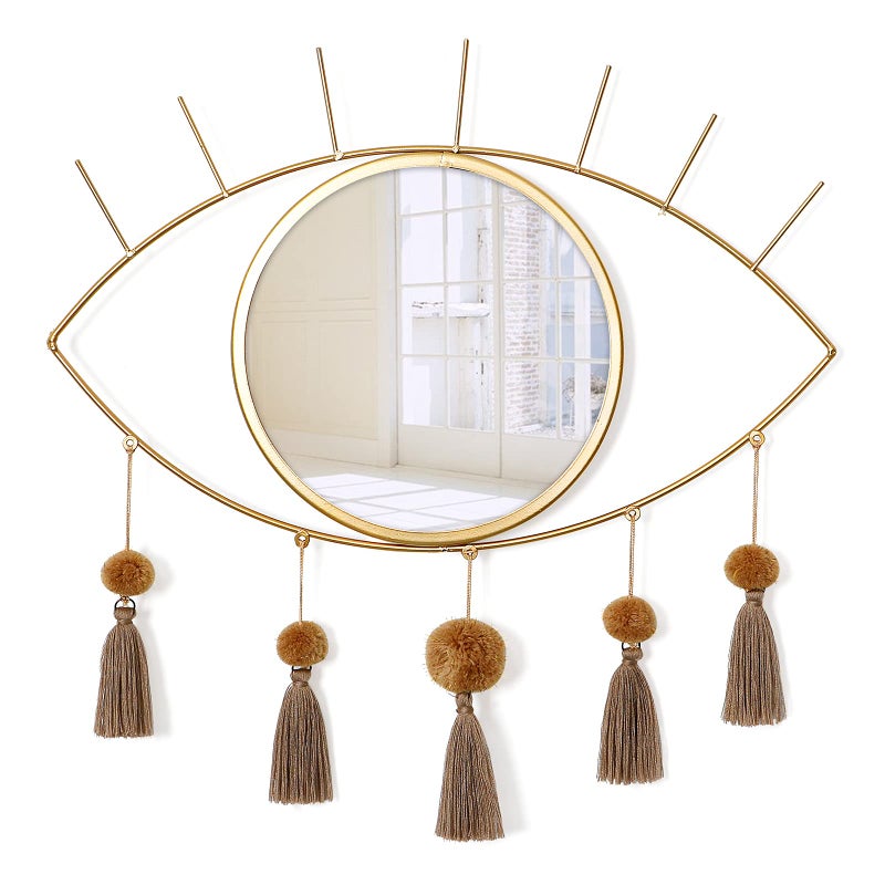 KHOYIME Evil Eye Wall Mirror Boho Gold Mirrors Decorative Metal Mirror with Tassels Great Macrame Wall Art Bohemian Hanging Decor for Bedroom Living Room Bathroom