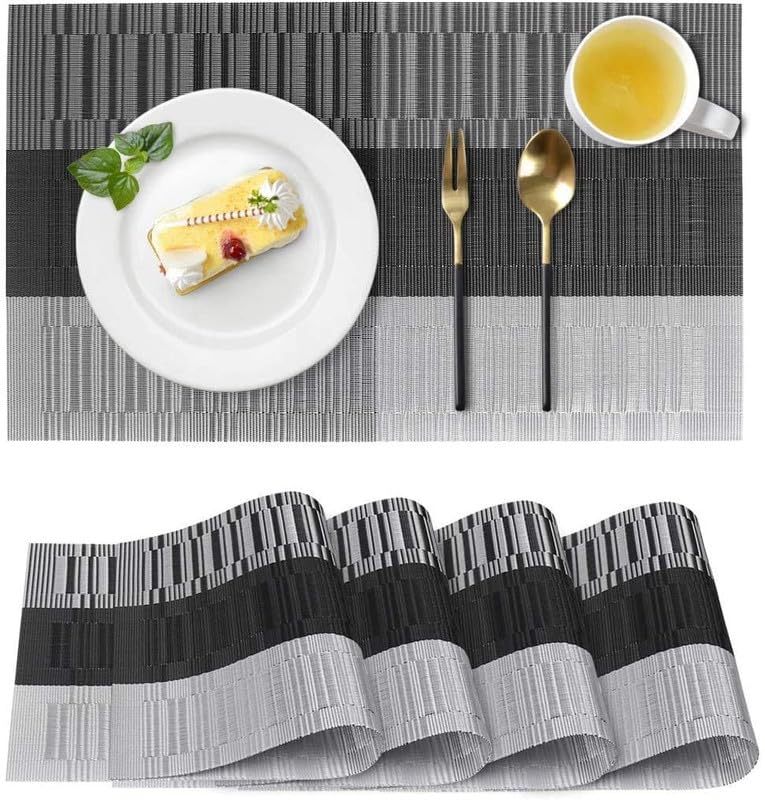 LUCCI Placemats HeatResistant Woven Vinyl Placemat NonSlip Washable PVC Table Mat Easy to Clean Premium Plastic Mats for Dining Kitchen Table Set of 8 Black Silver - Image 2