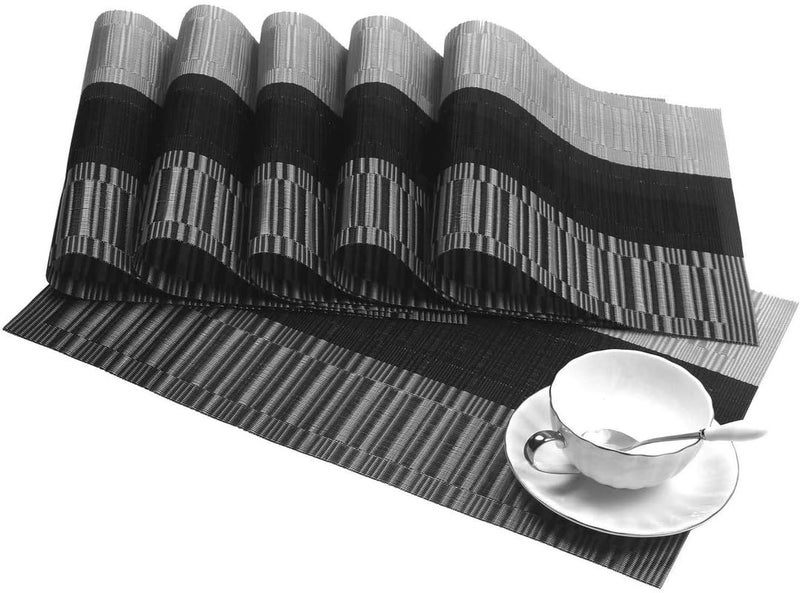 LUCCI Placemats HeatResistant Woven Vinyl Placemat NonSlip Washable PVC Table Mat Easy to Clean Premium Plastic Mats for Dining Kitchen Table Set of 8 Black Silver - Image 1
