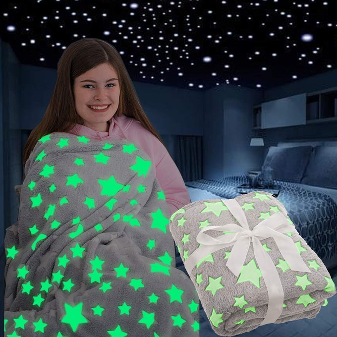 GLOW IN THE DARK THROW BLANKET FLANNEL MOON STAR UNICORN GIFTS FOR KIDS GIRLS BOYS ADULTS BEDROOM COSY WARM SUPER SOFT PLUSH FLEECE FAUX FUR STARS GREY