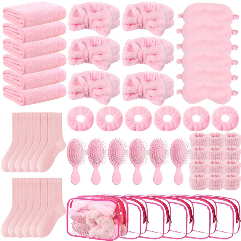 Draupnir 48pcs Spa Sleepover Party Supplies for Girls, 6 Pink Spa Headband 12 Wristband 6 Scrunchies 6 Cosmetic Bags 6 Combs 6 Face Wash Cloths 6 Socks for Slumber Favors Birthday Party - Image 1