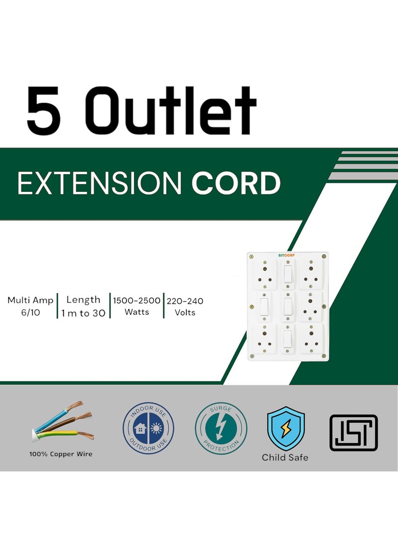 BITCORP Bitcorp Extension Box 6A 10A 13A 5 Socket 4 Switch 2000W Surge Protection High Load Capity with 1 Meter Long Wire Cord for ChargerRefrigeratorWashing MachineMicrowaveComputerPc  - Image 2