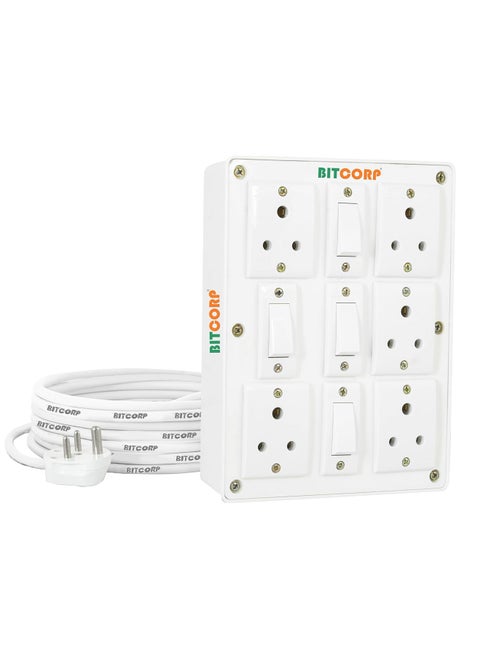 Bitcorp Extension Box 6A 10A 13A 5 Socket 4 Switch 2000W Surge Protection High Load Capity with 1 Meter Long Wire Cord for ChargerRefrigeratorWashing MachineMicrowaveComputerPc
