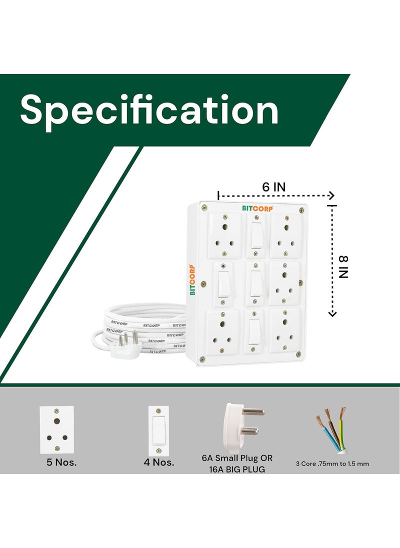 BITCORP Bitcorp Extension Box 6A 10A 13A 5 Socket 4 Switch 2000W Surge Protection High Load Capity with 1 Meter Long Wire Cord for ChargerRefrigeratorWashing MachineMicrowaveComputerPc  - Image 3