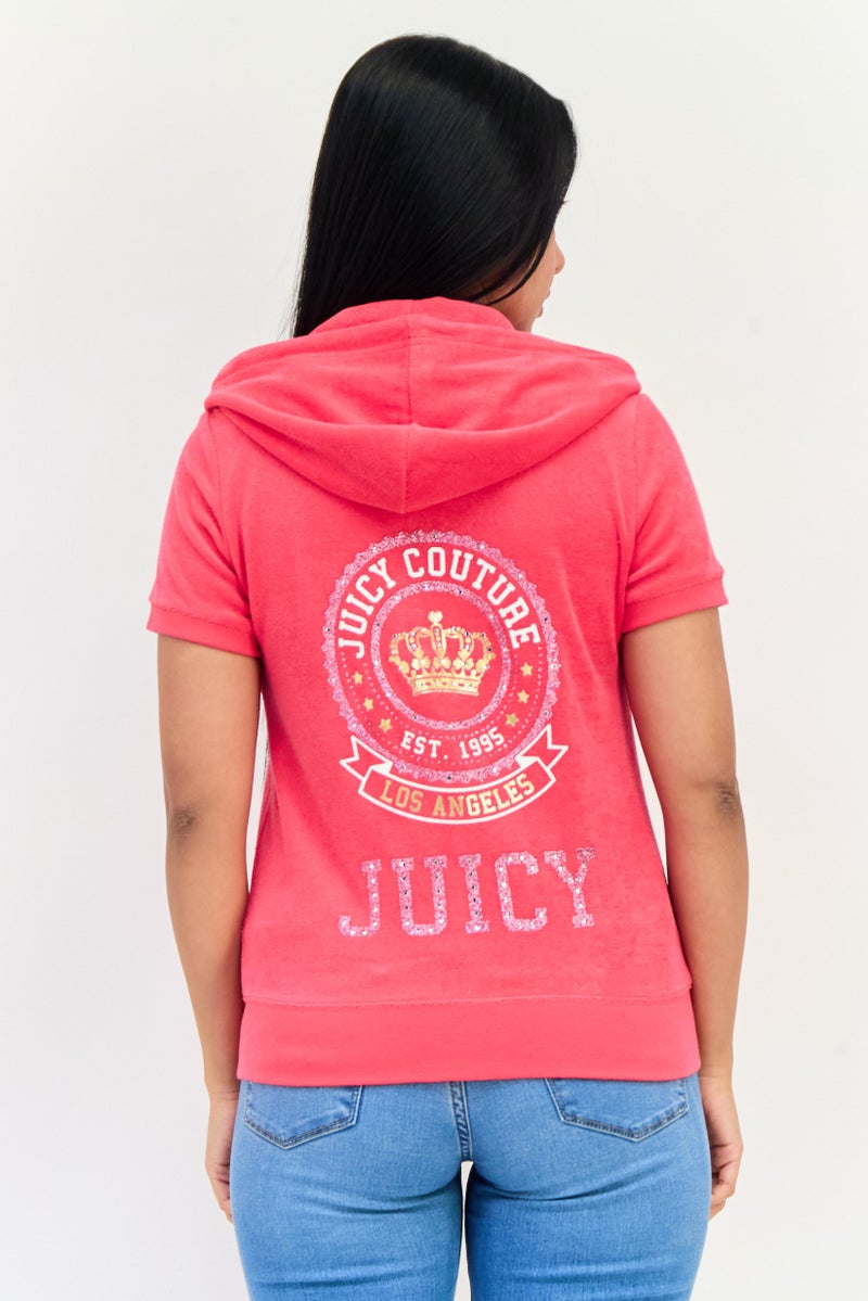 Juicy Couture Women Graphic Print Short Sleeve Hoodie, Pink - Image 3