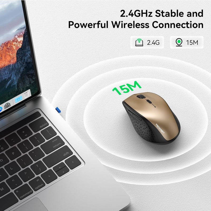 TECKNET Wireless Mouse, 2.4G USB Computer Mouse with 6-Level Adjustable 4800 DPI, 30 Months Battery, Ergonomic Grips, 6 Buttons Portable for PC, Chromebook, Mac - Gold Black - Image 4