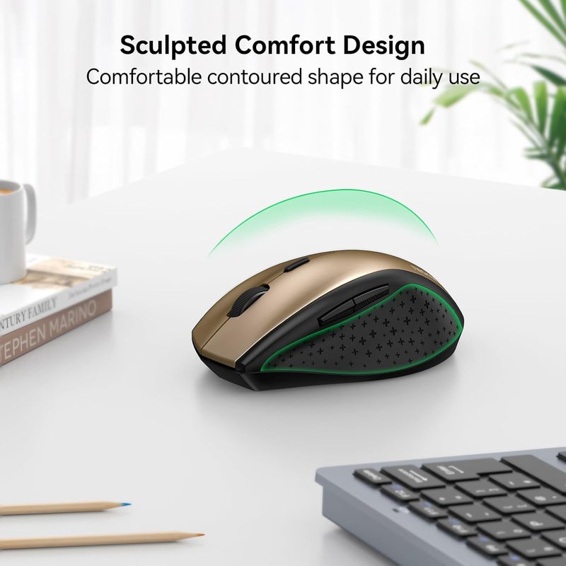 TECKNET Wireless Mouse, 2.4G USB Computer Mouse with 6-Level Adjustable 4800 DPI, 30 Months Battery, Ergonomic Grips, 6 Buttons Portable for PC, Chromebook, Mac - Gold Black - Image 3