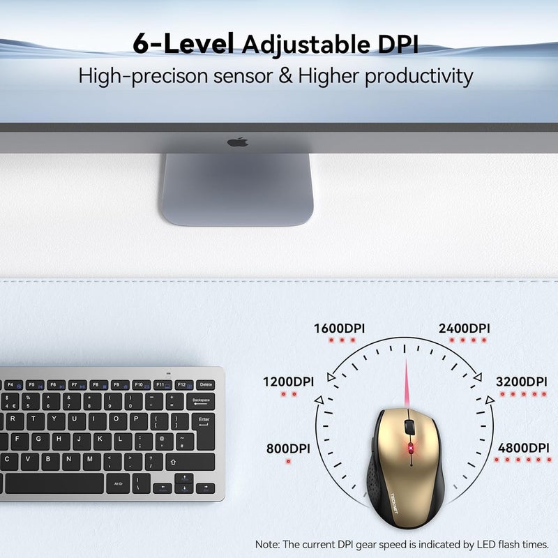 TECKNET Wireless Mouse, 2.4G USB Computer Mouse with 6-Level Adjustable 4800 DPI, 30 Months Battery, Ergonomic Grips, 6 Buttons Portable for PC, Chromebook, Mac - Gold Black - Image 2