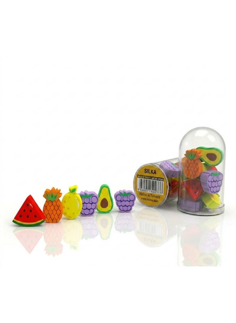 Silka - Mini Fruit Design Pencil Eraser Set for Kids - 10 Pieces in a Clear Case. Silka Fruit Eraser Set (Watermelon, Pineapple, Grapes) - Cute School Supplies and Rewards for Students - Image 1