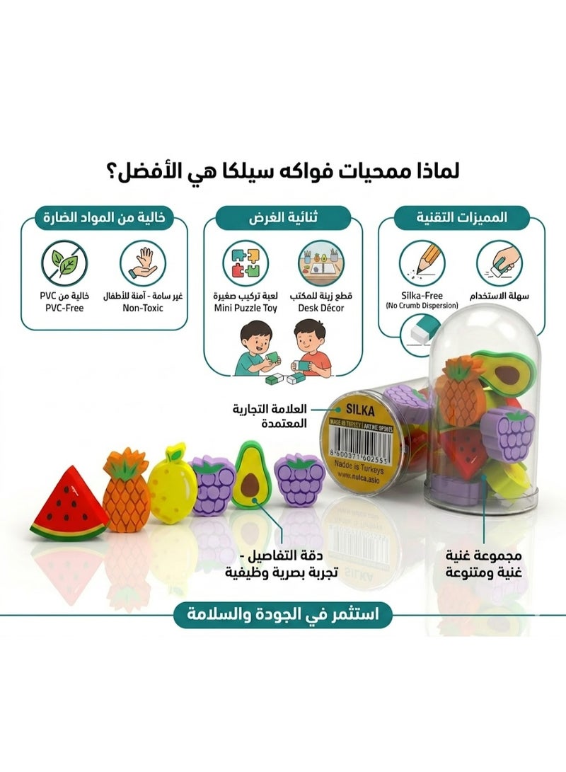 Silka - Mini Fruit Design Pencil Eraser Set for Kids - 10 Pieces in a Clear Case. Silka Fruit Eraser Set (Watermelon, Pineapple, Grapes) - Cute School Supplies and Rewards for Students - Image 2