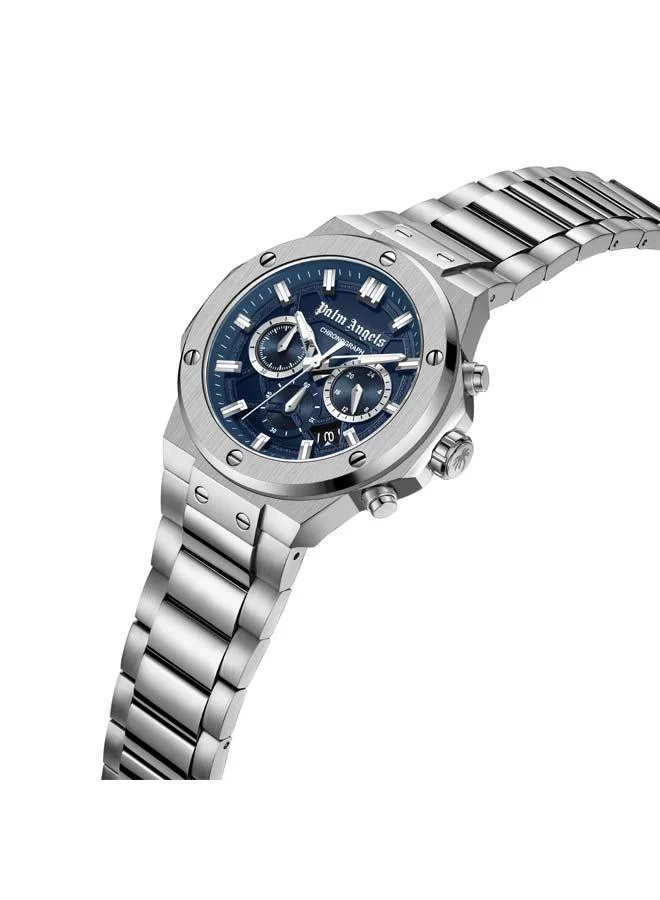 Palm Angels Fiero Blue Dial Silver Stainless Steel Bracelet Chronograph Watch for Men, 44mm