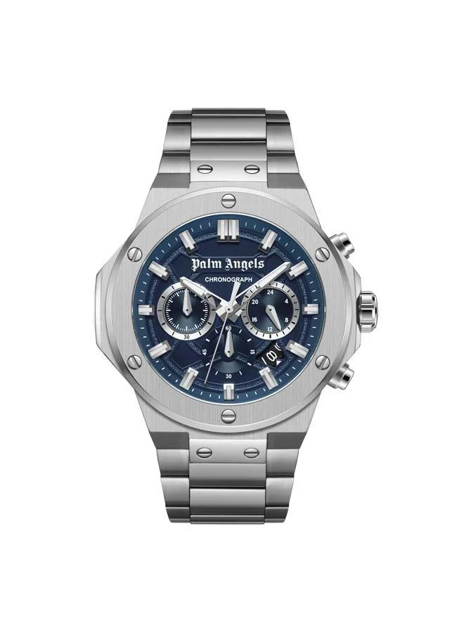 Palm Angels Fiero Blue Dial Silver Stainless Steel Bracelet Chronograph Watch for Men, 44mm