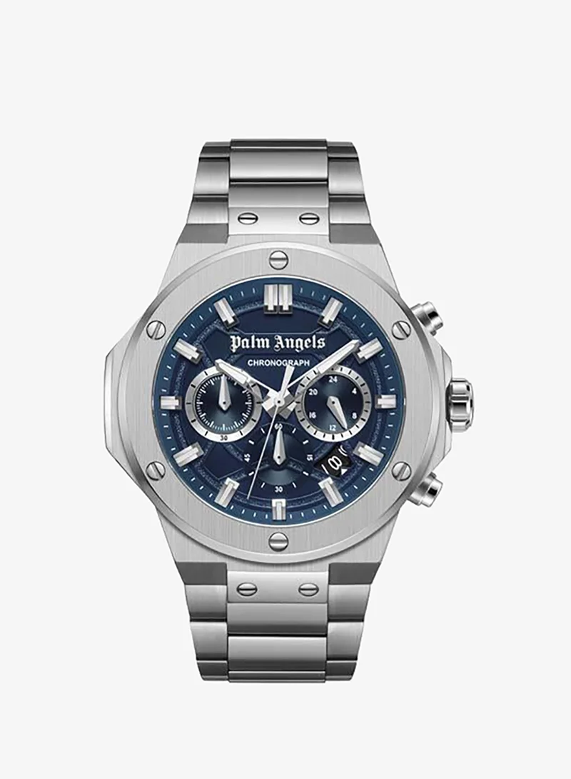 Palm Angels Fiero Blue Dial Silver Stainless Steel Bracelet Chronograph Watch for Men, 44mm