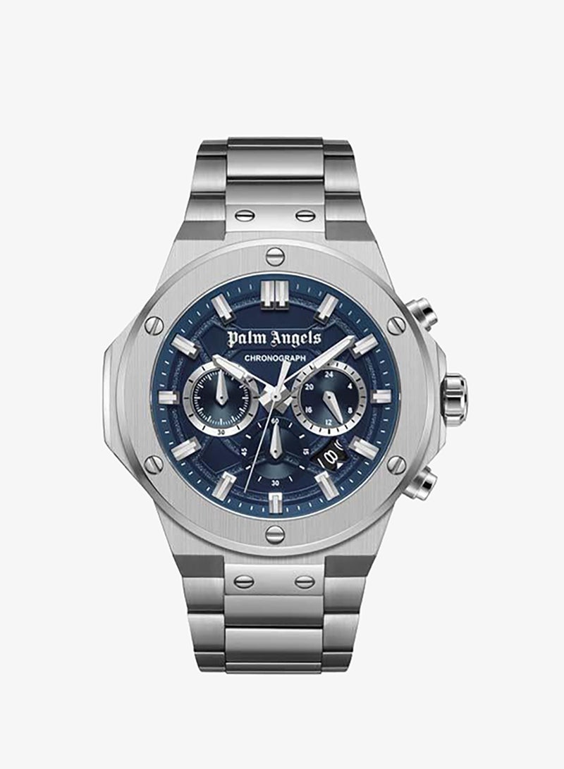 Palm Angels Fiero Blue Dial Silver Stainless Steel Bracelet Chronograph Watch for Men, 44mm - Image 1