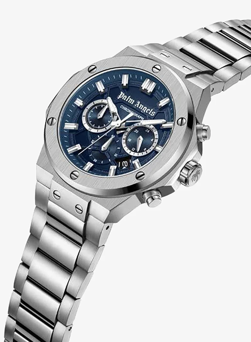 Palm Angels Fiero Blue Dial Silver Stainless Steel Bracelet Chronograph Watch for Men, 44mm
