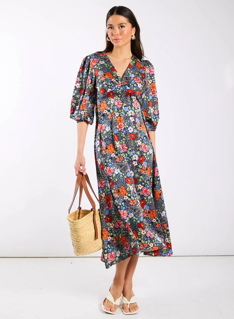 Multicoloured Floral Satin Midi Dress