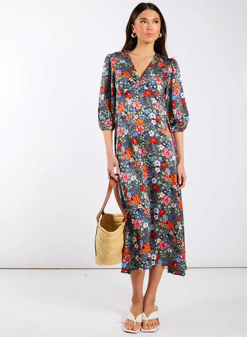 Needs No Label  Multicoloured Floral Satin Midi Dress for Women | Best Price UAE