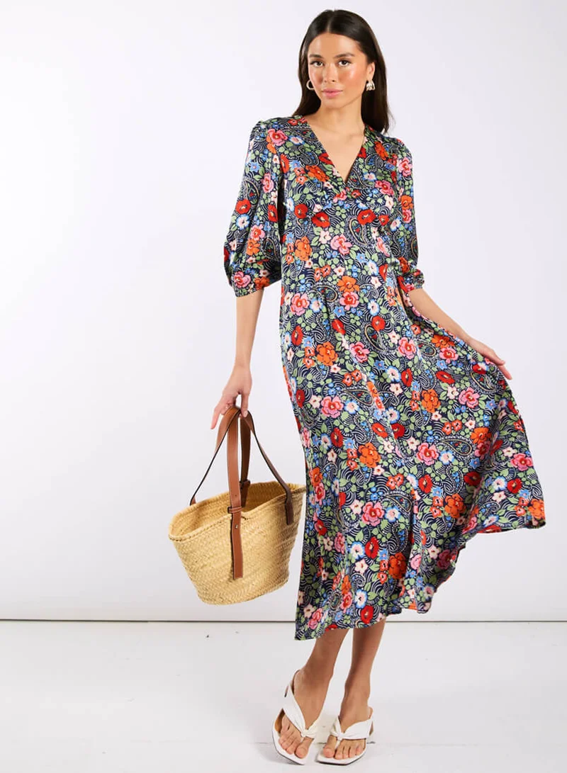 Needs No Label  Multicoloured Floral Satin Midi Dress for Women | Best Price UAE