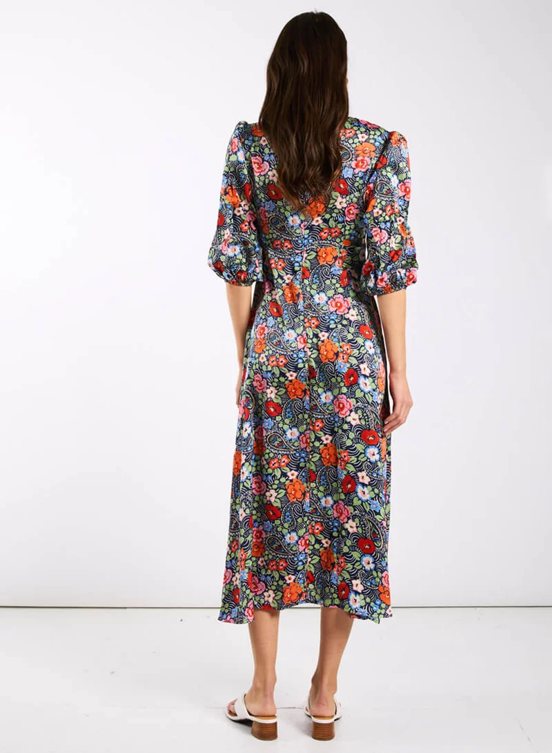 Needs No Label  Multicoloured Floral Satin Midi Dress for Women | Best Price UAE