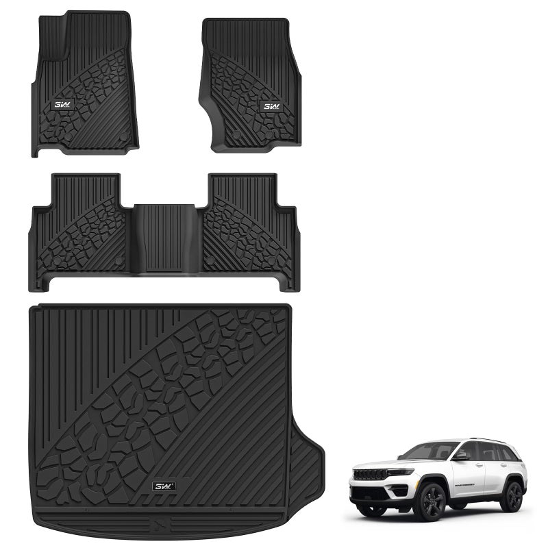 3W Floor Mats Cargo Liner Fit for Jeep Grand Cherokee Include 4xe Not L or WK 2025 20242022TPE All Weather Custom Fit Floor Liners for 1st 2nd Rows and Trunk Full Set Car Mats Black