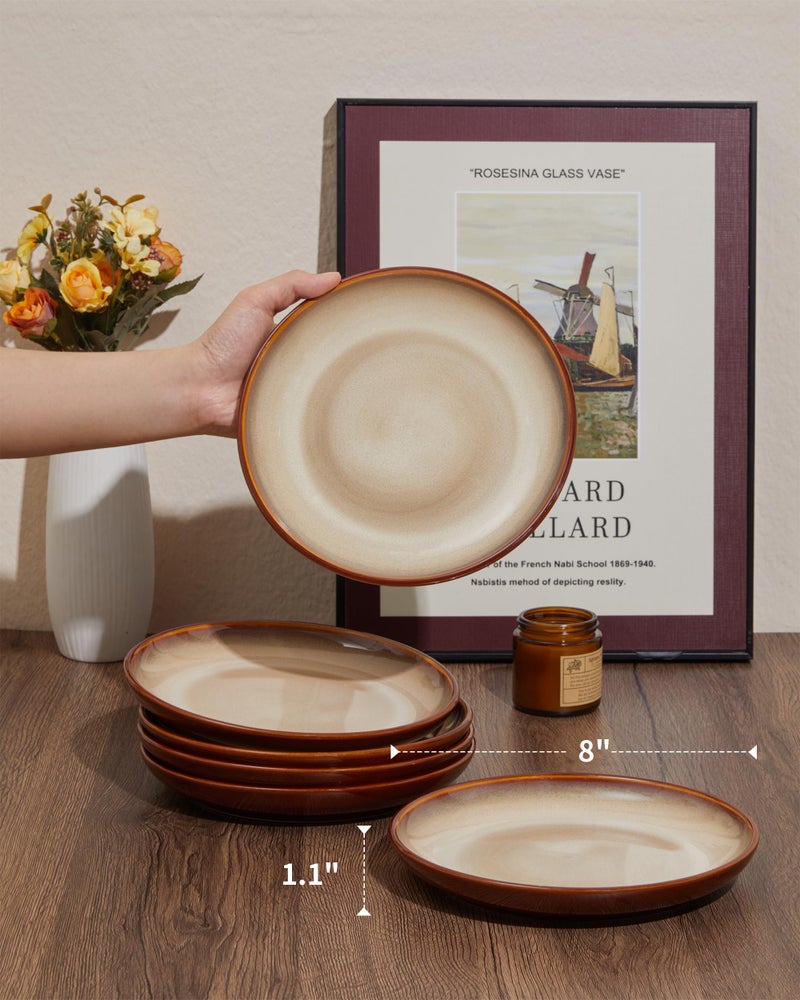 Pokini Stoneware Plates Set of 6, 8 Inch Handmade Reactive Glaze Ceramic Set for Dessert, Salad, Appetizer, Small Dinner Plates, Microwave & Dishwasher Safe, Highly Chip and Crack Resistant - Image 2