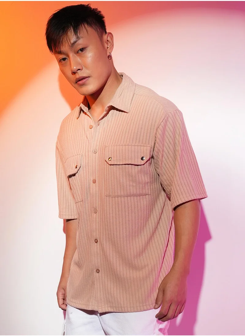 Campus Sutra Men's Light Beige Textured Knit Shirt