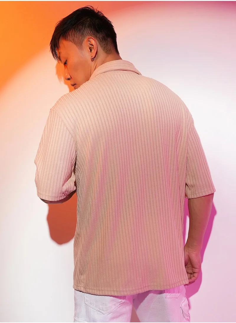 Campus Sutra Men's Light Beige Textured Knit Shirt
