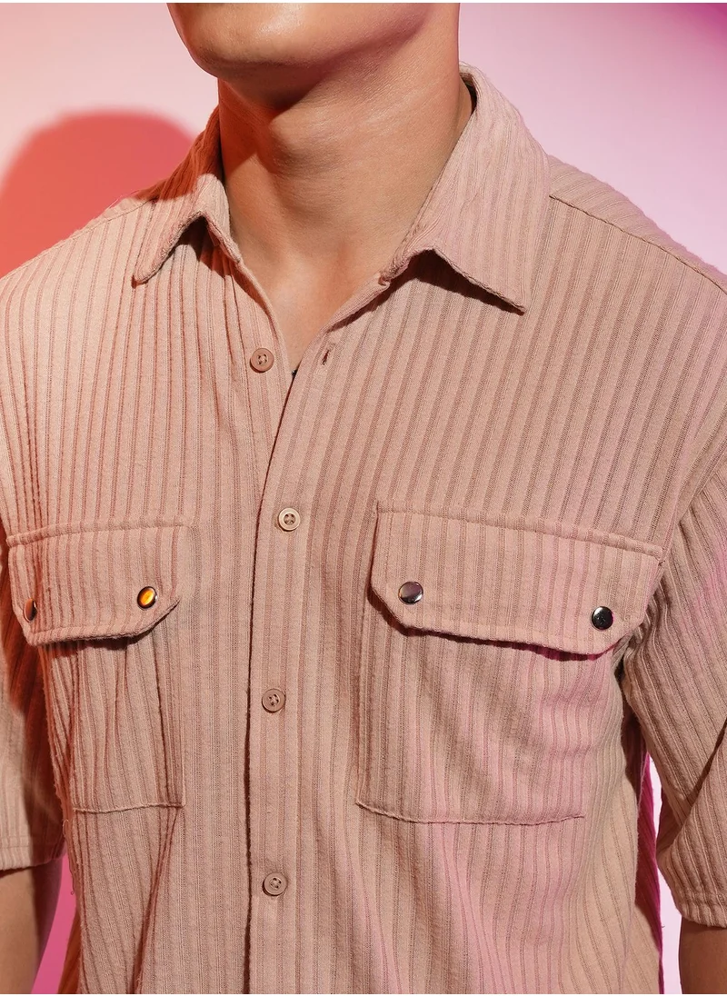 Campus Sutra Men's Light Beige Textured Knit Shirt