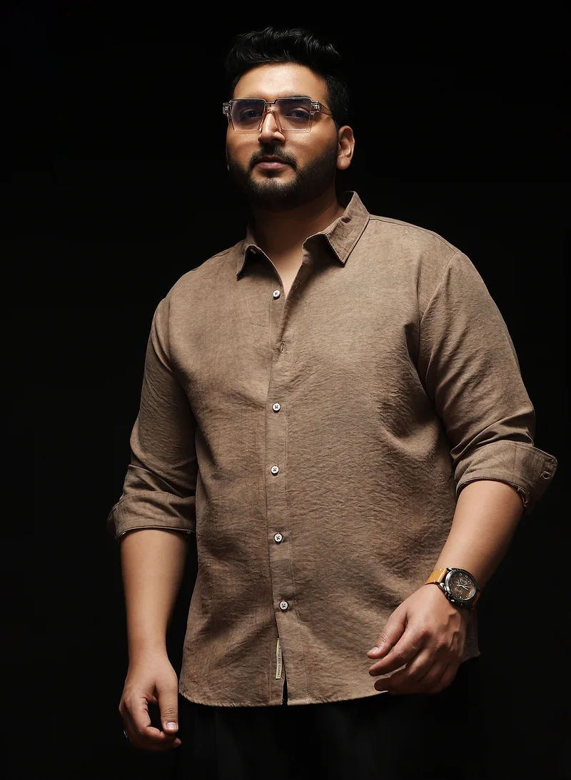 Instafab Plus Instafab Plus Men's Sand Beige Grazed-Fade Imprint Shirt | Spread Collar , Long Cuffed Sleeves , Button Closure , Curved Hemline | Abstract-Print Plain Cotton-Blend Material For Street & Casual Wear