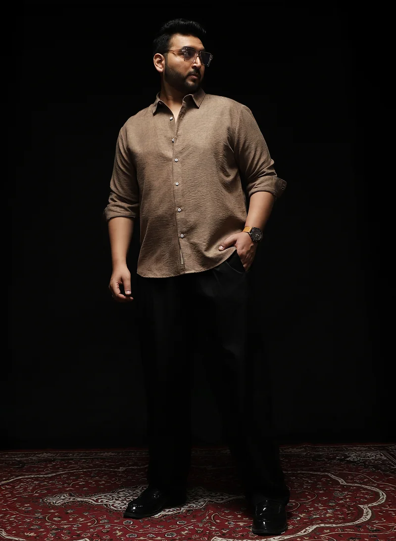 انستافاب بلس Instafab Plus Men's Sand Beige Grazed-Fade Imprint Shirt | Spread Collar , Long Cuffed Sleeves , Button Closure , Curved Hemline | Abstract-Print Plain Cotton-Blend Material For Street & Casual Wear