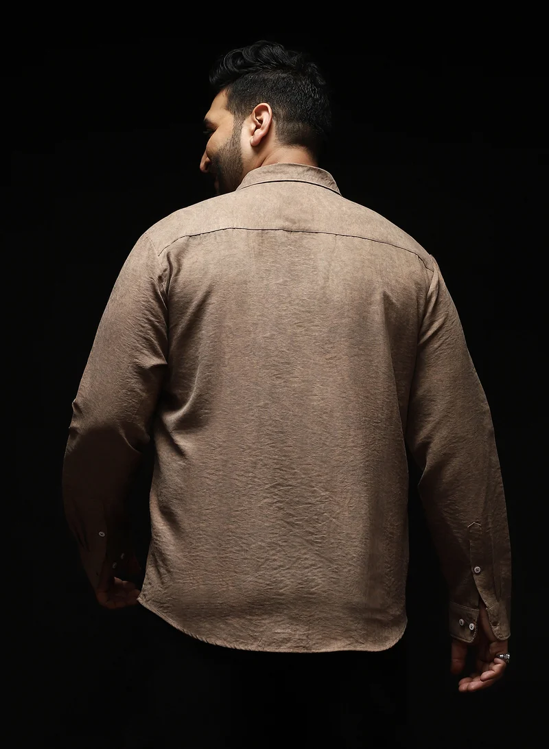 انستافاب بلس Instafab Plus Men's Sand Beige Grazed-Fade Imprint Shirt | Spread Collar , Long Cuffed Sleeves , Button Closure , Curved Hemline | Abstract-Print Plain Cotton-Blend Material For Street & Casual Wear