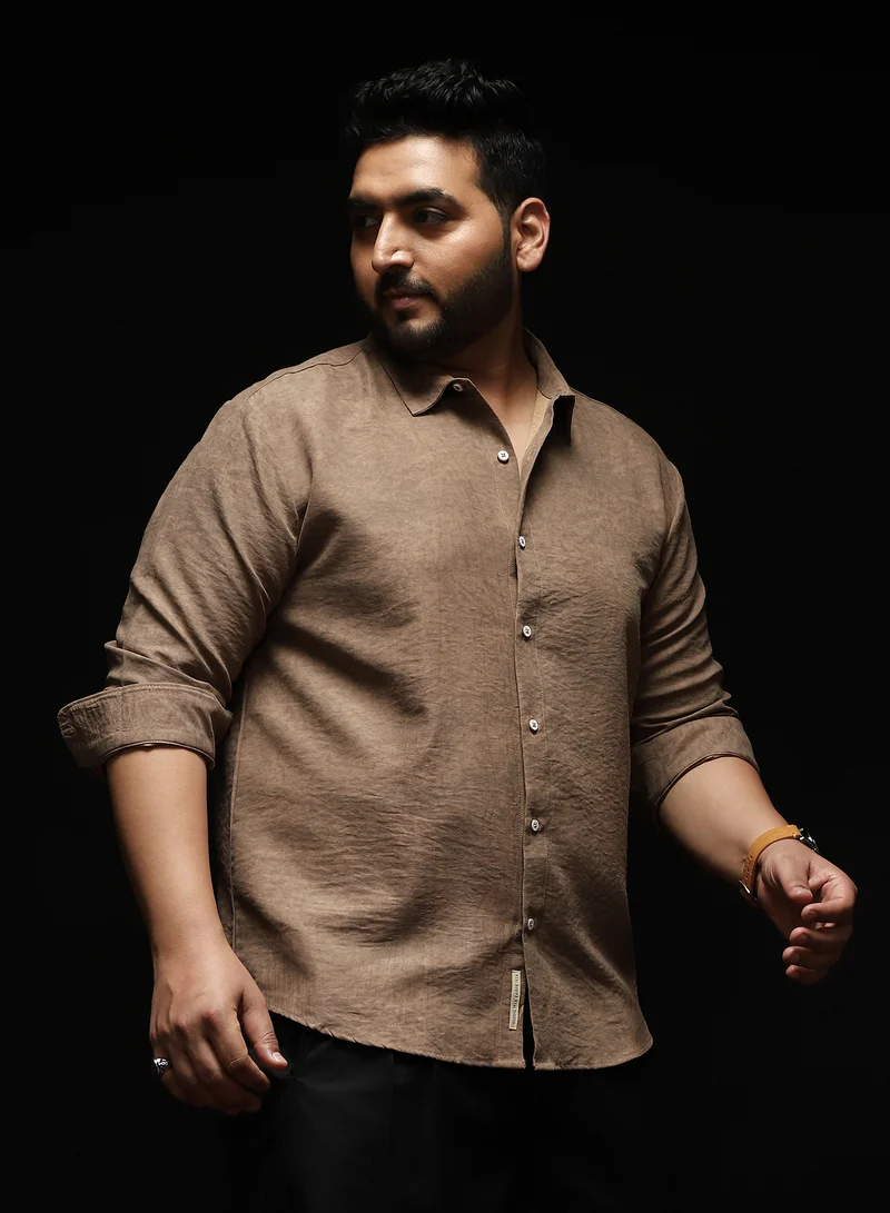 انستافاب بلس Instafab Plus Men's Sand Beige Grazed-Fade Imprint Shirt | Spread Collar , Long Cuffed Sleeves , Button Closure , Curved Hemline | Abstract-Print Plain Cotton-Blend Material For Street & Casual Wear