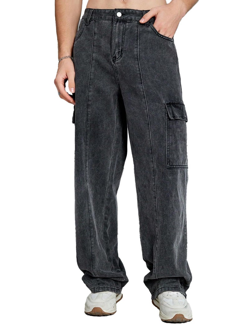 KOTTY Men's Mid Rise Solid Cargo Jeans Rich Black - Image 1