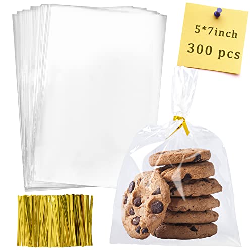 Labeol Cellophane Bags 300Pcs 5X7 Treat Bags with Ties Goodie Bag Clear Plastic Bag for Packaging Favor Gift Cookie Candy Bakery