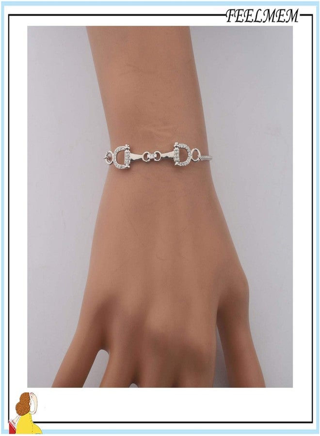 FEELMEM Horse Snaffle Bit Crystal Easy Hook Clasp Charm Bracelet Equestrian Jewelry Good Luck Gift (Snaffle slider silver) - Image 3